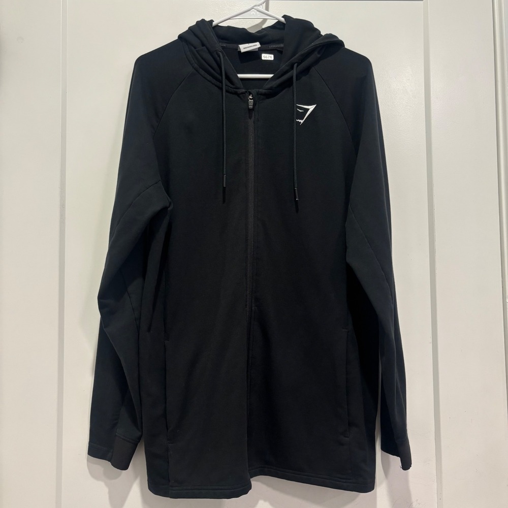 Gymshark Mens Black Full Zip Hoodie Raglan Sleeve Athletic Gym Sweatshirt Size L